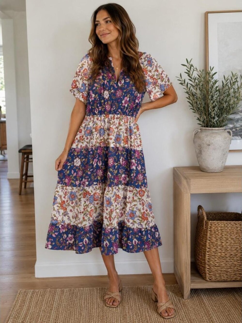 Harlow & Rose Floral Boho LARGE NWOT Tiered Midi Dress Cottagecore Prairie